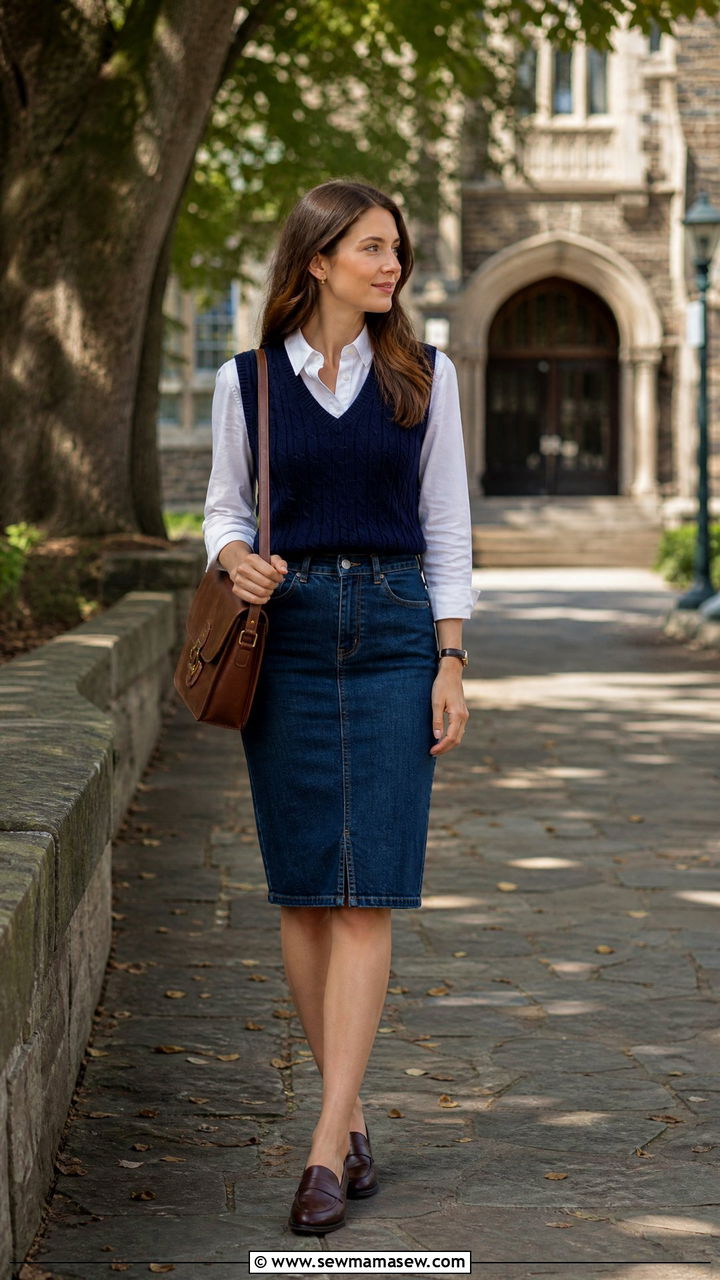 Sweater vest with button up shirt and pencil skirt - 25 chic pencil skirt outfit ideas
