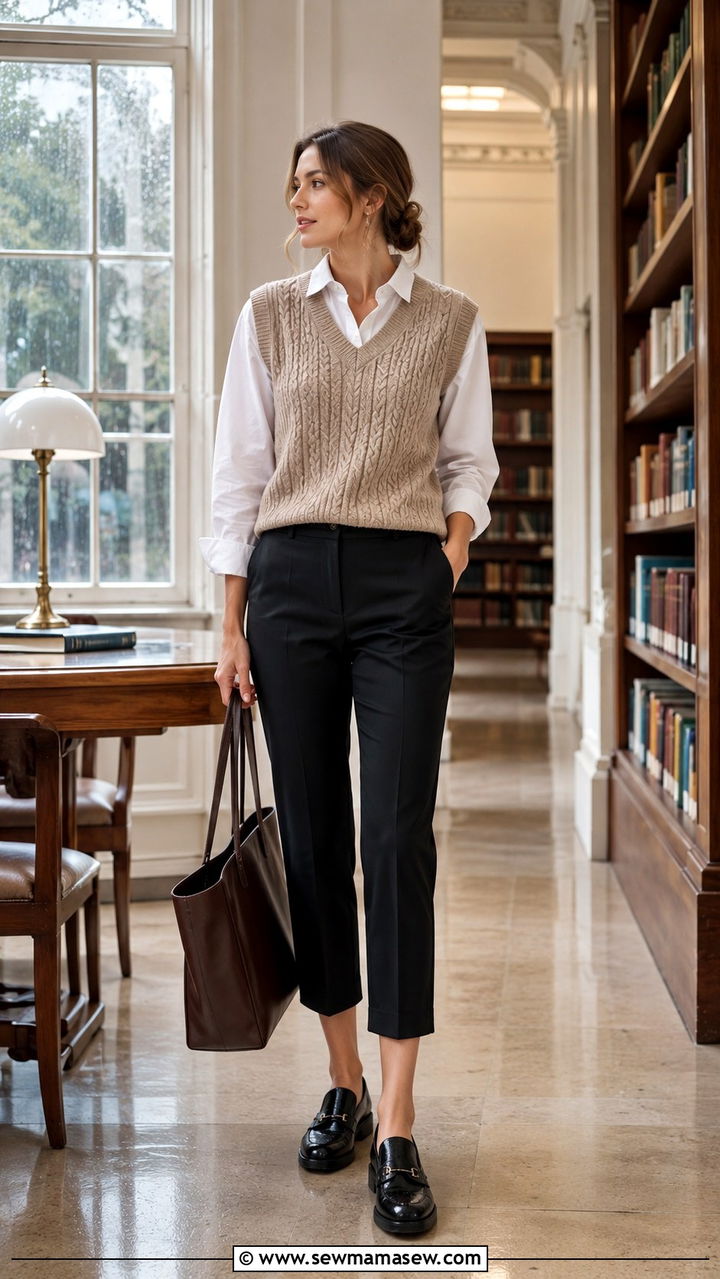 Sweater vest with collar shirt and cropped trousers - 30 Rainy day weekend outfit ideas