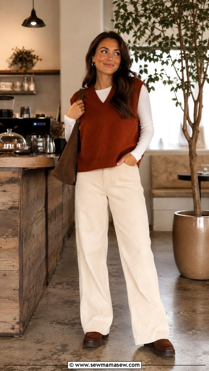 Sweater vest with corduroy pants - 30 chic sweater vest outfit ideas