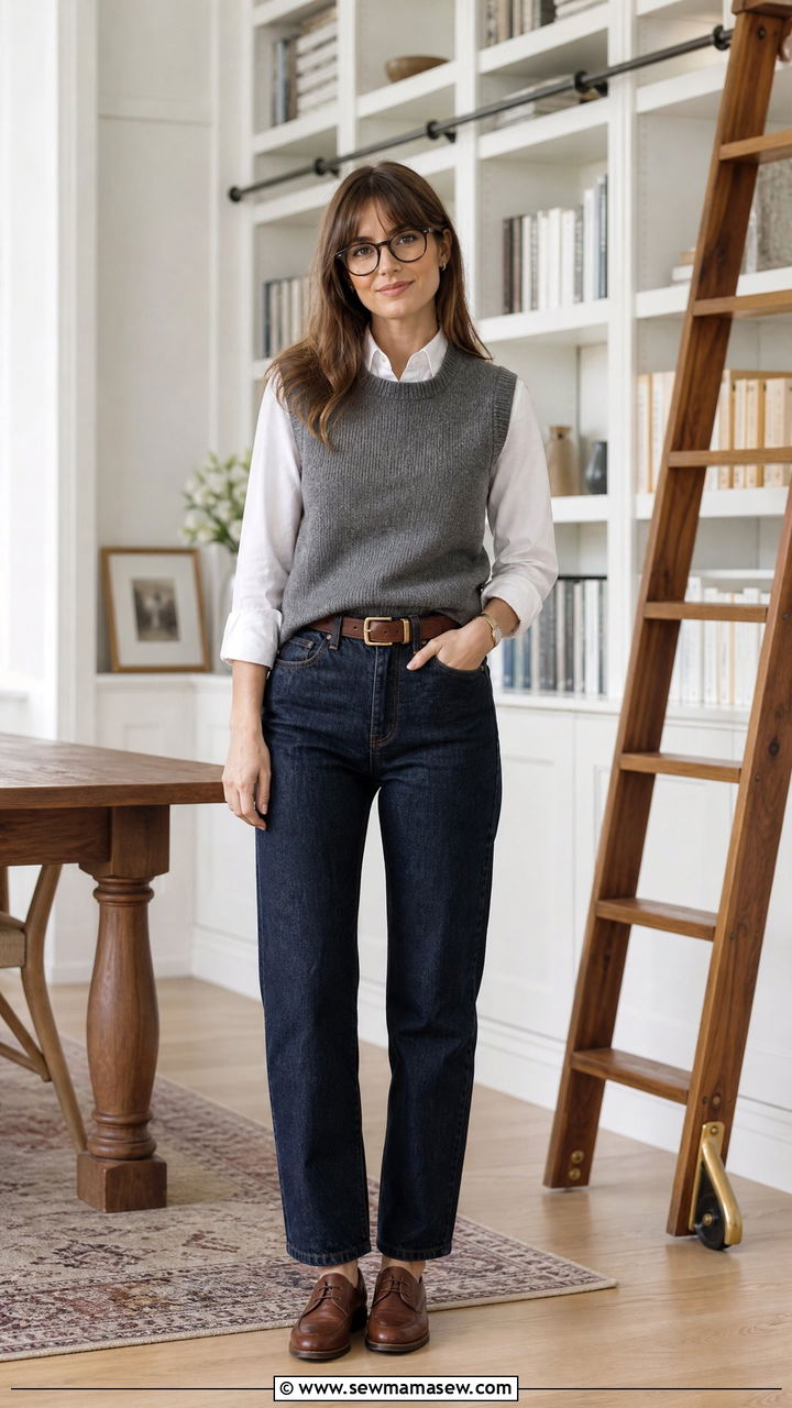 Sweater vest with dark wash jeans and oxfords - 25 Business casual outfits with jeans