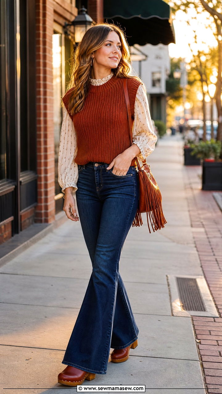 Sweater vest with flare jeans spring outfit - 25 Spring outfits with sweater vests