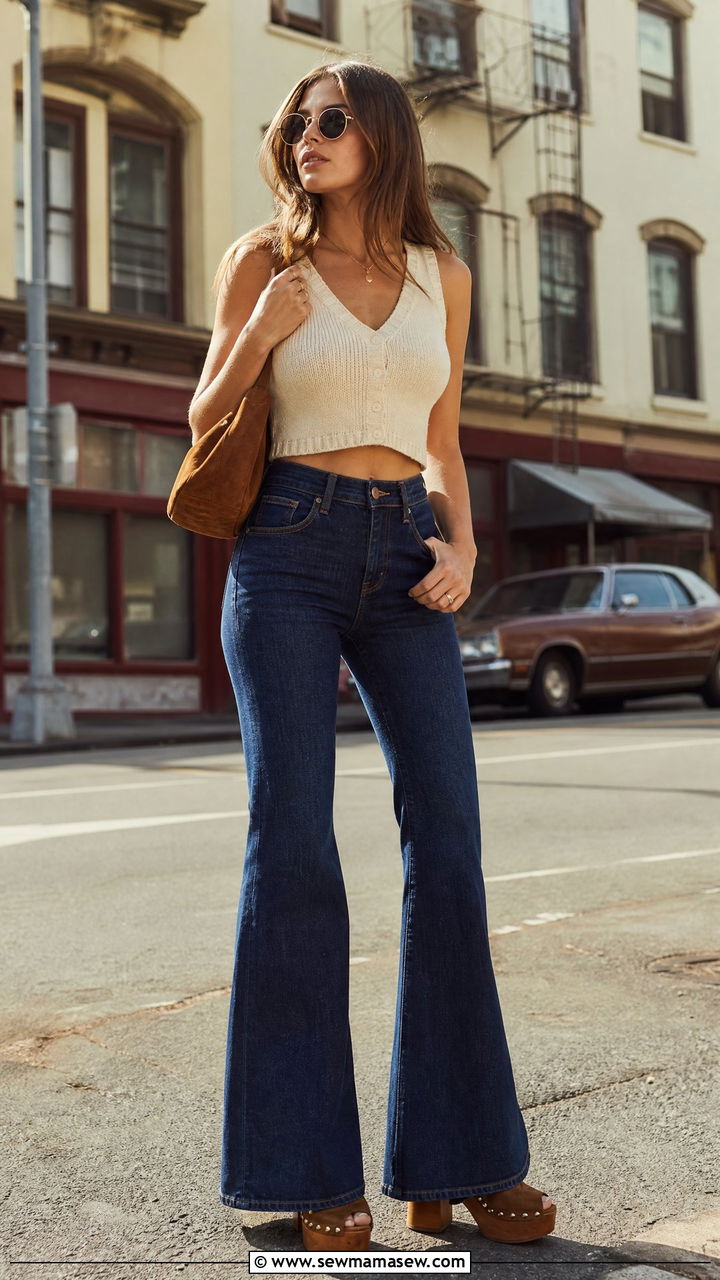 Sweater vest with flared jeans - 30 Summer outfits with sweater vest