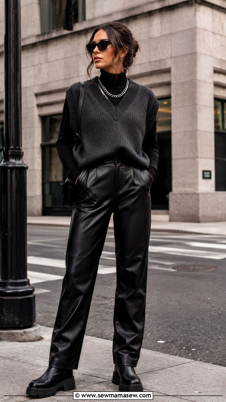 Sweater vest with leather pants outfit - 30 how to style sweater vest