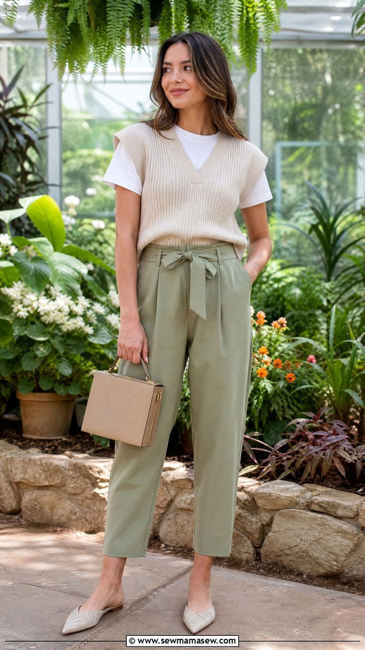 Sweater vest with paperbag pants spring outfit - 25 Spring outfits with sweater vests