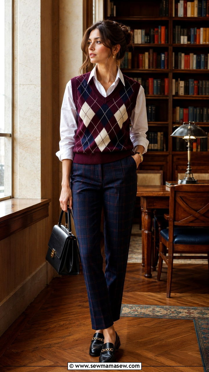 Sweater vest with plaid trousers - 30 chic sweater vest outfit ideas