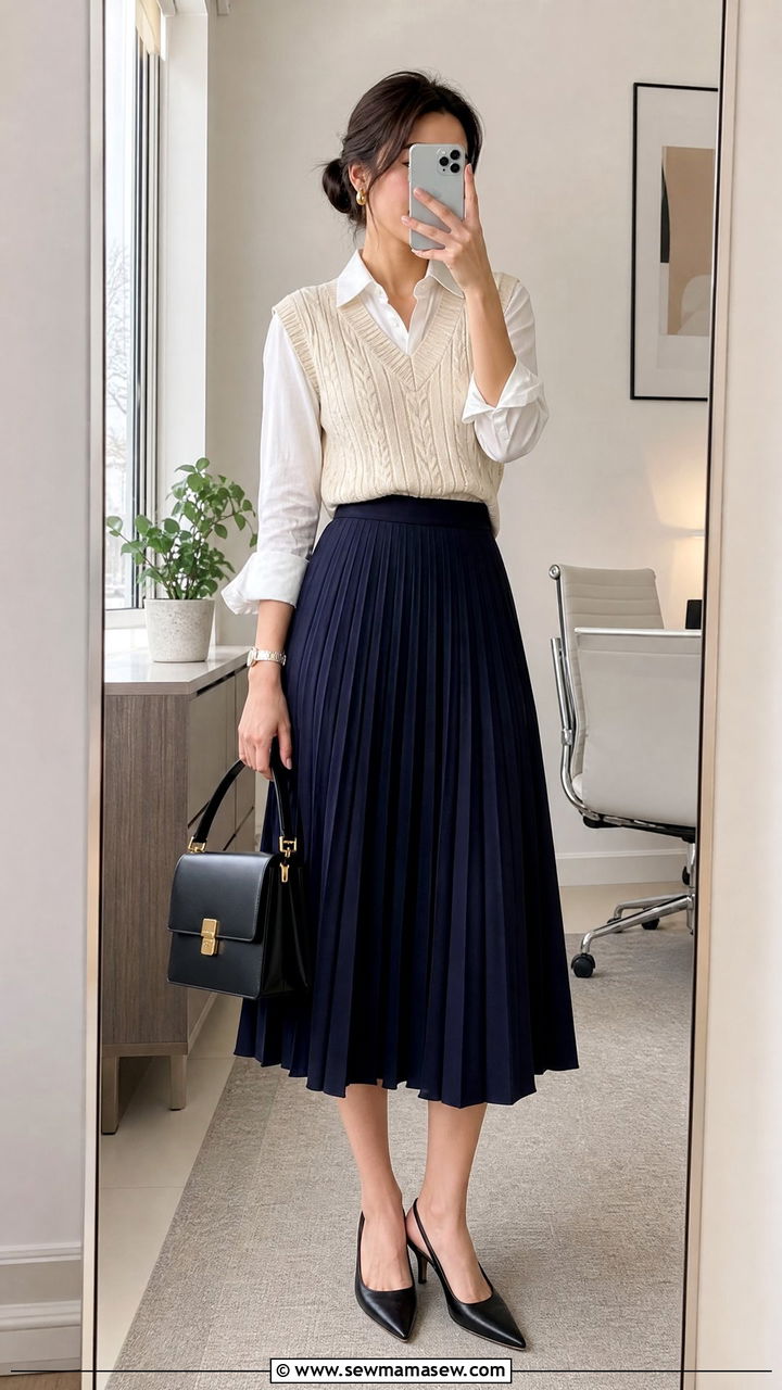 Sweater vest with pleated midi skirt spring office outfit - 40 Spring office outfit ideas