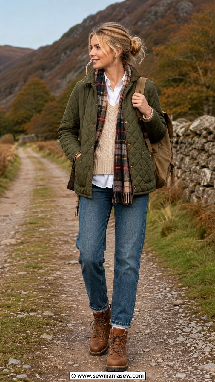 Sweater vest with quilted jacket layered look - 25 Old money outfit ideas with sweater vest