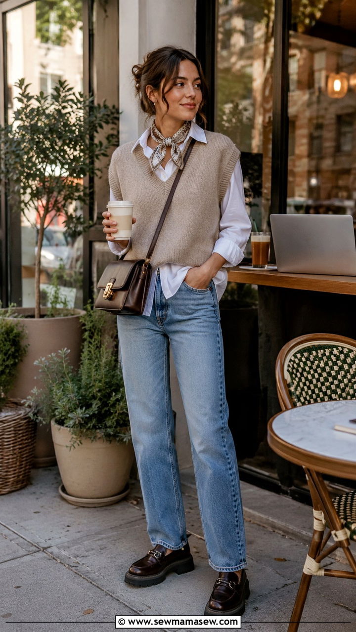 Sweater vest with scarf at collar and relaxed jeans - 30 Spring outfits with scarves