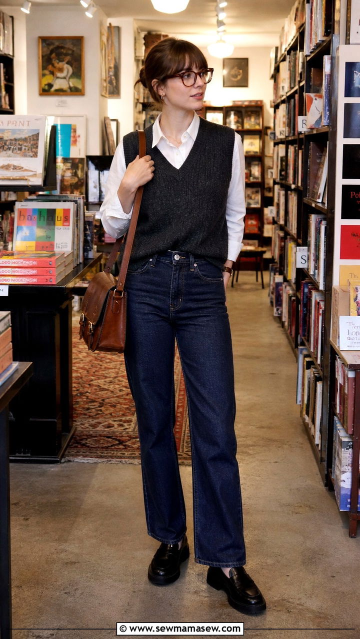 Sweater vest with shirt and jeans outfit - 40 Parisian chic outfit ideas