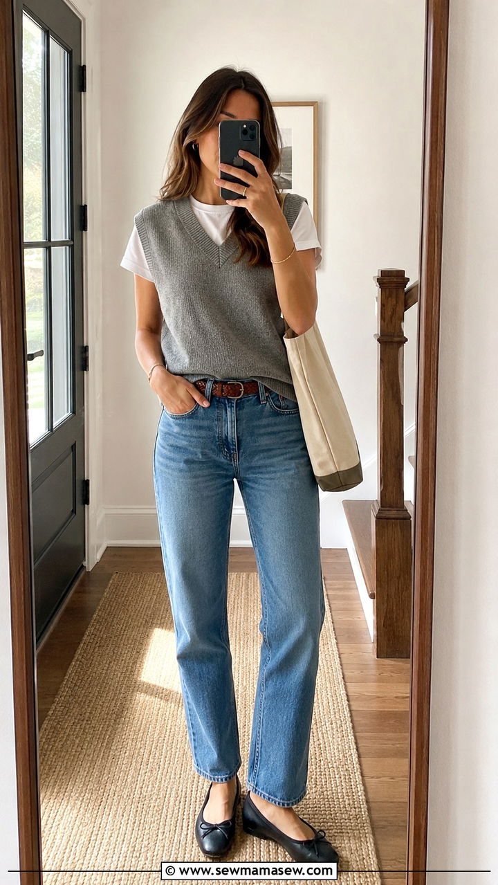 Sweater vest with straight leg jeans and ballet flats - 30 chic sweater vest outfit ideas
