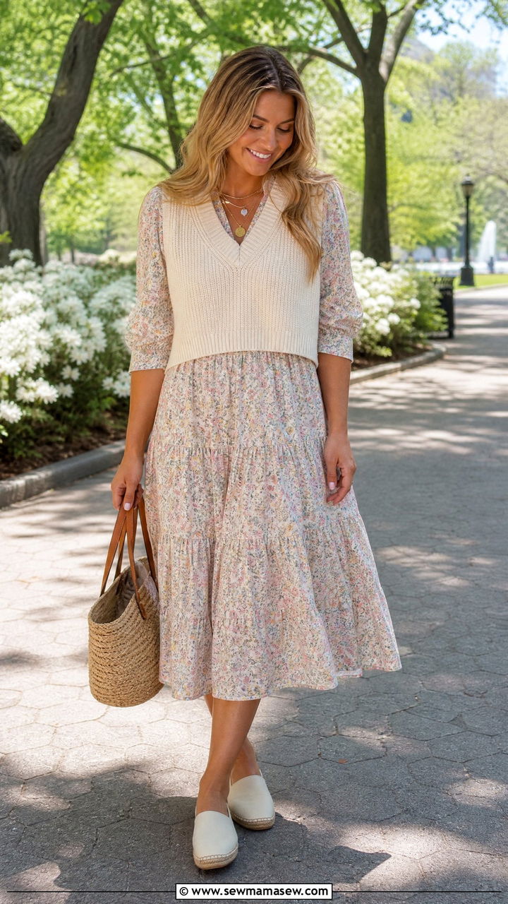 Sweater vest with tiered dress - 30 Summer outfits with sweater vest