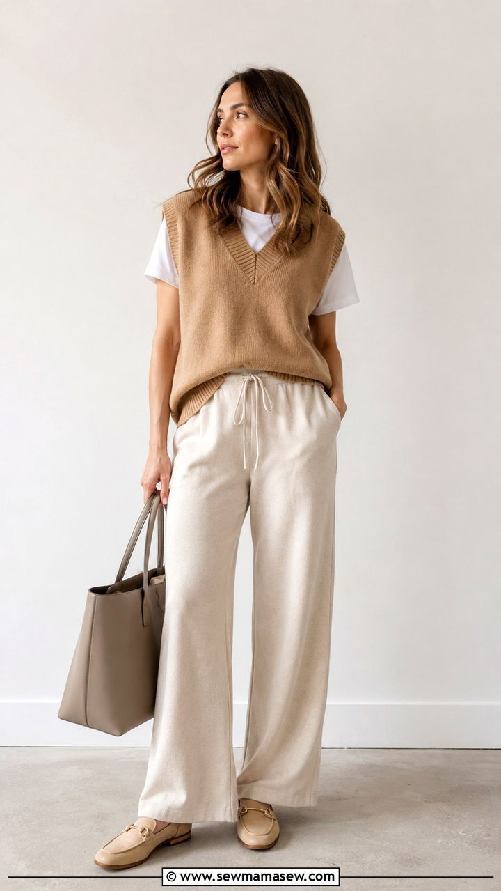 Sweater vest with wide leg trousers - 30 Loungewear outfit ideas for weekend
