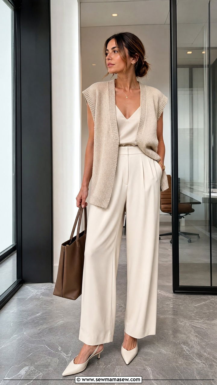 Sweater vest with wide leg trousers - 30 chic sweater vest outfit ideas