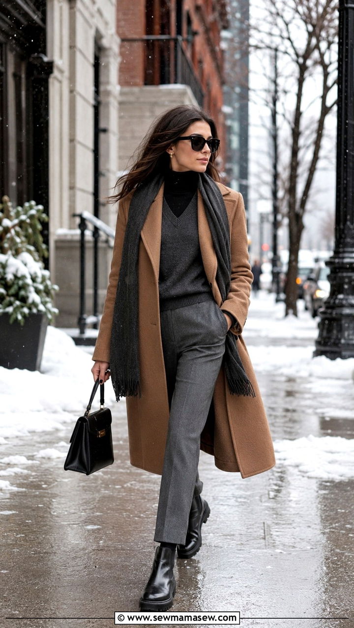 Sweater vest with wool coat and tailored pants - 25 Old money outfit ideas with sweater vest