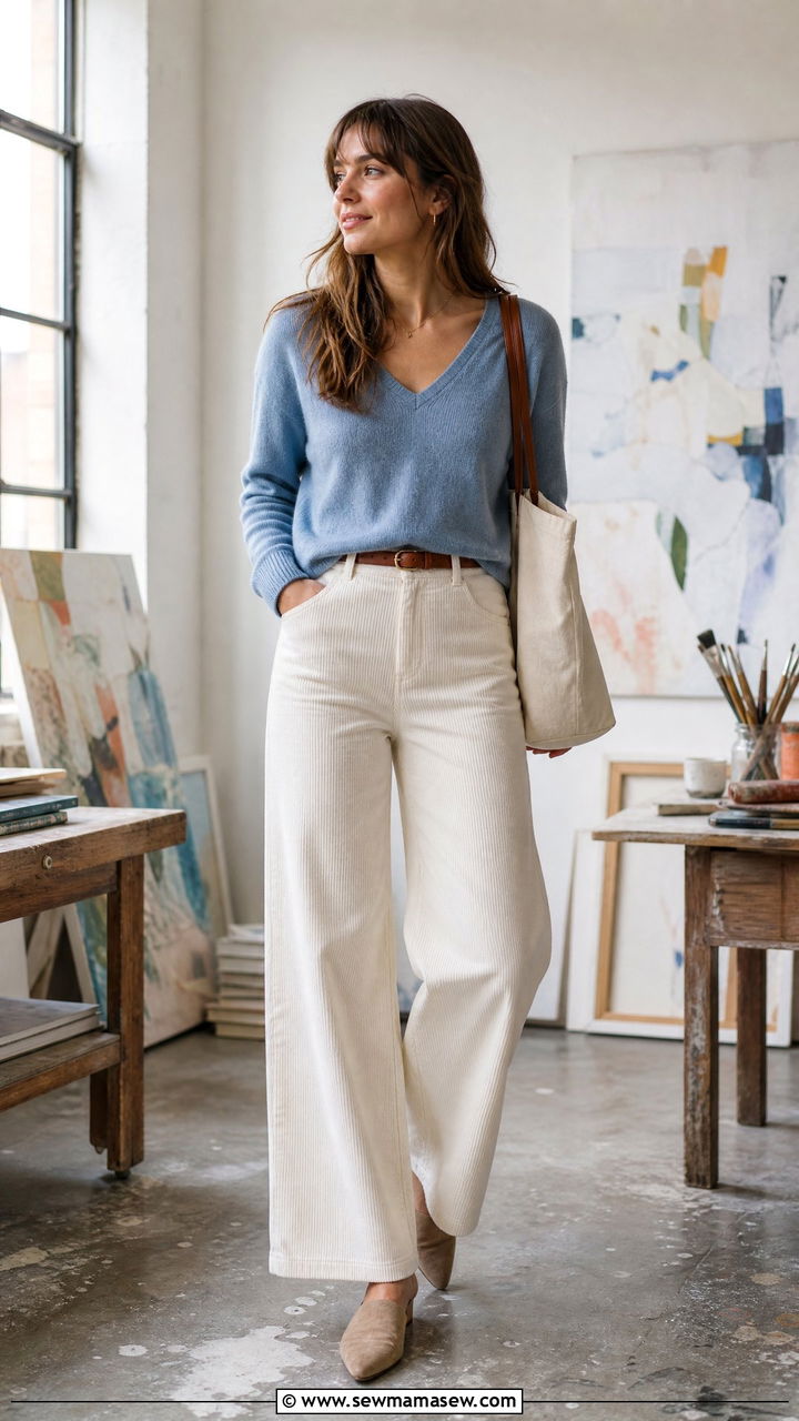 Sweater with Corduroy Wide Leg Pants - 35 How to style a sweater in spring
