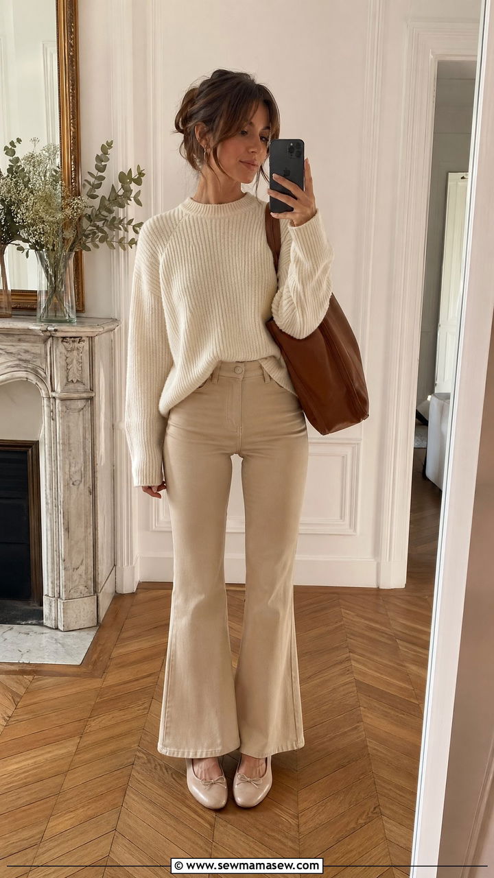 Sweater with Flare Pants and Ballet Flats - 35 french girl outfits for women