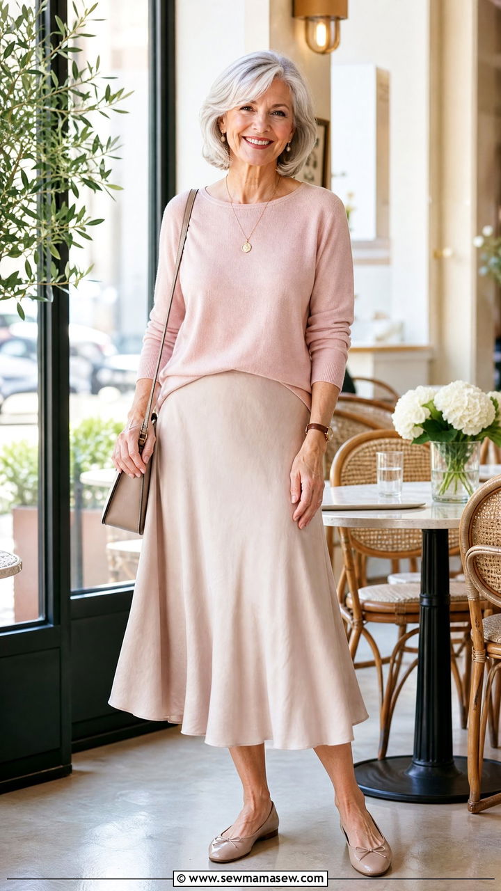 Sweater with Midi Skirt and Ballet Flats - 20 Brunch outfit ideas for women over 60