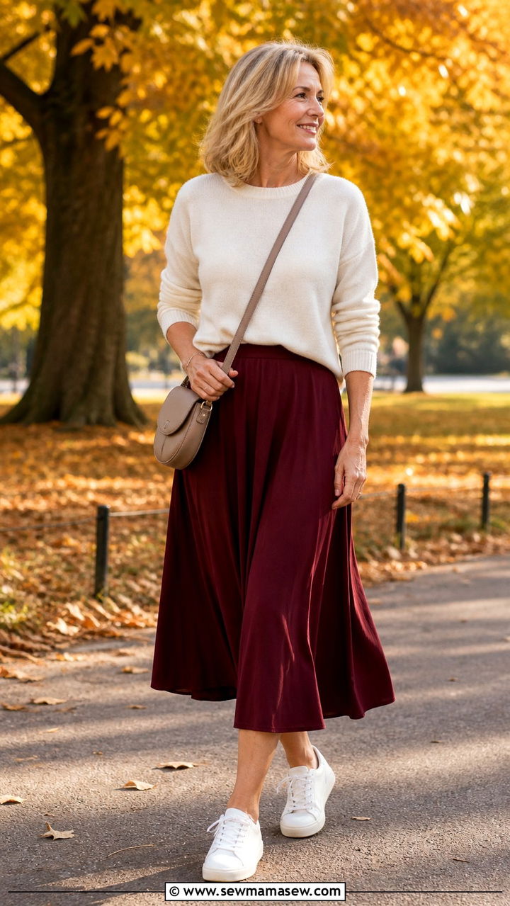 Sweater with Midi Skirt and White Sneakers - 20 55 year old woman outfit ideas