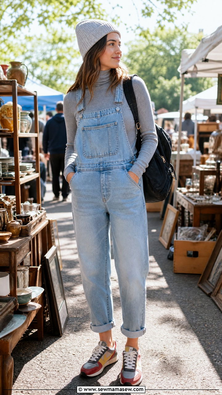 Sweater with Overalls and Sneakers - 35 How to style a sweater in spring