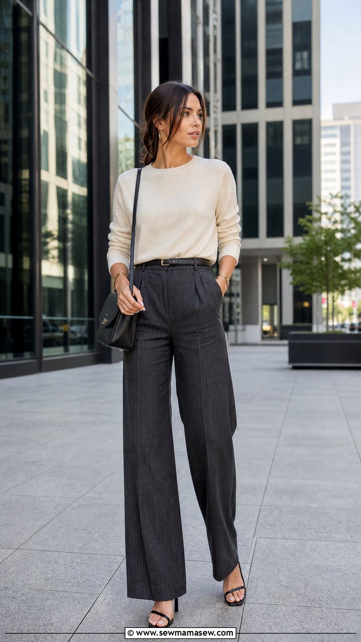 Sweater with Pinstripe Trousers and Heeled Sandals - 35 How to style a sweater in spring