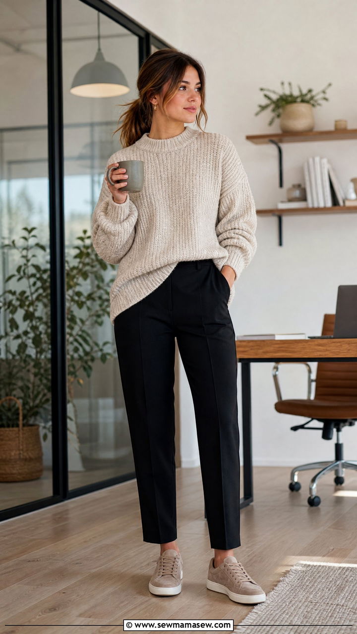Sweater with Tapered Trousers and Neutral Sneakers - 25 Business casual outfits with sneakers