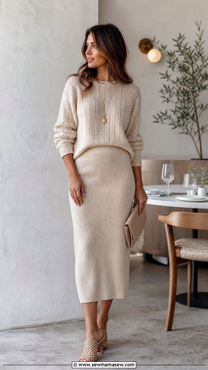 Sweater with a Knit Midi Skirt and Mules - 35 How to style a sweater in spring