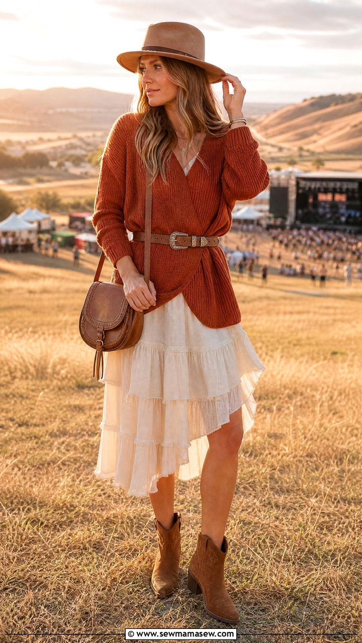 Sweater with a Tiered Midi Dress and Boots - 35 How to style a sweater in spring