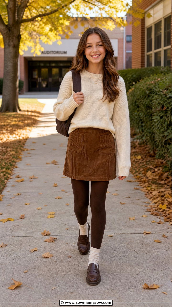 Sweater with a corduroy skirt - 30 Middle school picture day outfit ideas