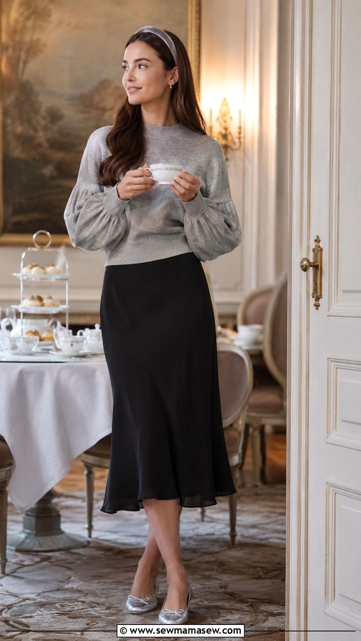 Sweater with bishop sleeves and midi skirt with ballet flats - 30 Midi skirt outfit ideas with a sweater