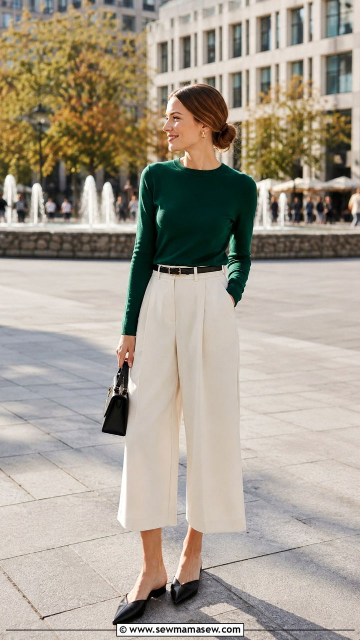 Sweater with culottes and pointed toe flats - 30 Spring outfits with sweaters