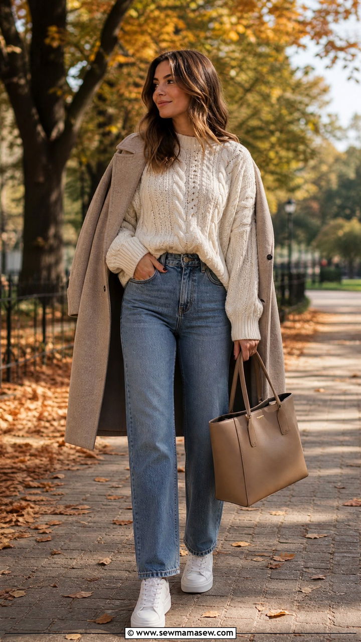 Sweater with high waisted jeans and white sneakers - 25 High waisted jeans outfit ideas with white sneakers
