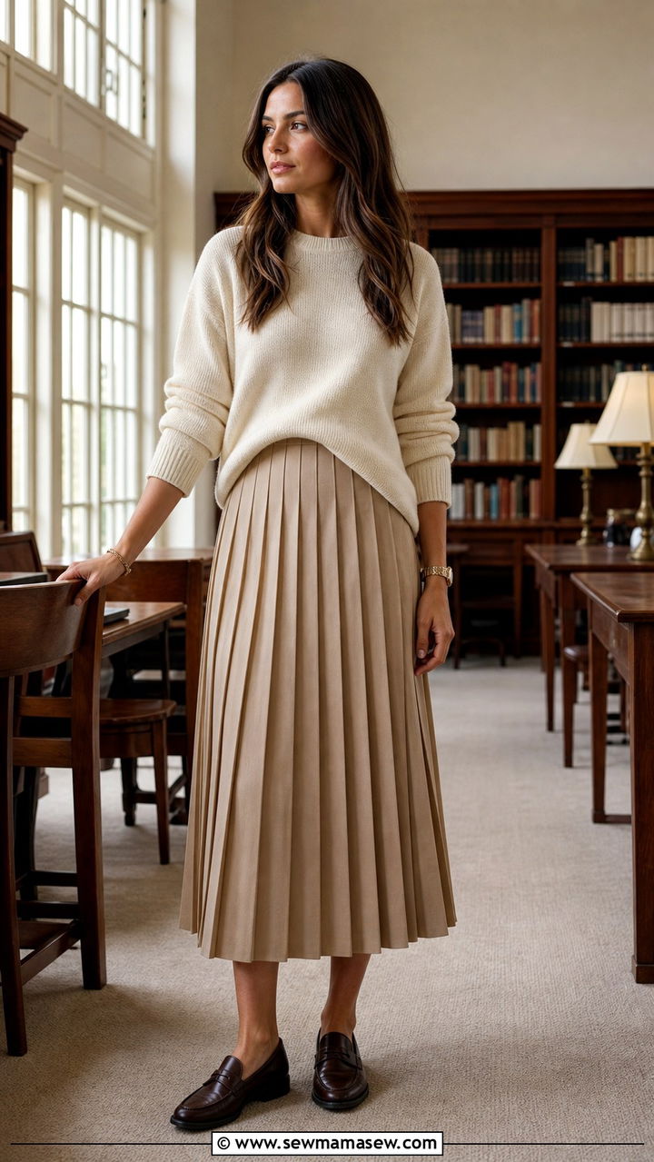 Sweater with midi skirt and loafers - 40 classy teacher outfits