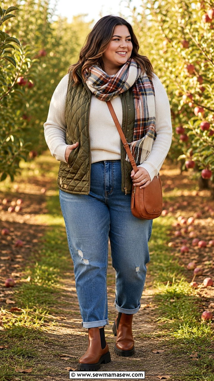 Sweater with quilted vest and jeans outfit - 30 Sweater outfit ideas plus size