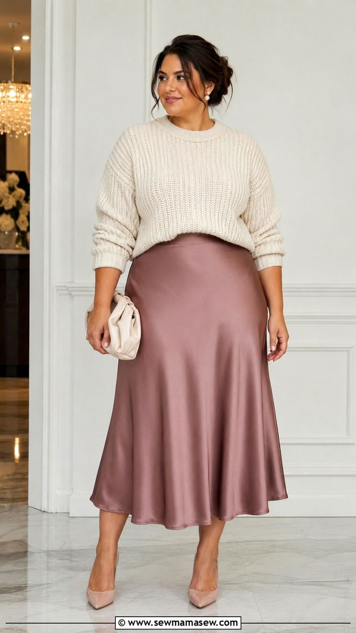 Sweater with satin midi skirt outfit - 30 Sweater outfit ideas plus size