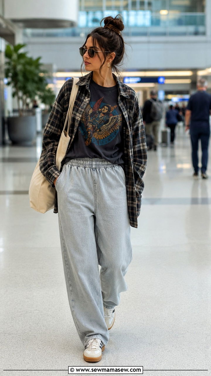 Sweatpant Jeans With Graphic Tee Airport Outfit - 25 Airport outfit ideas JFK New York