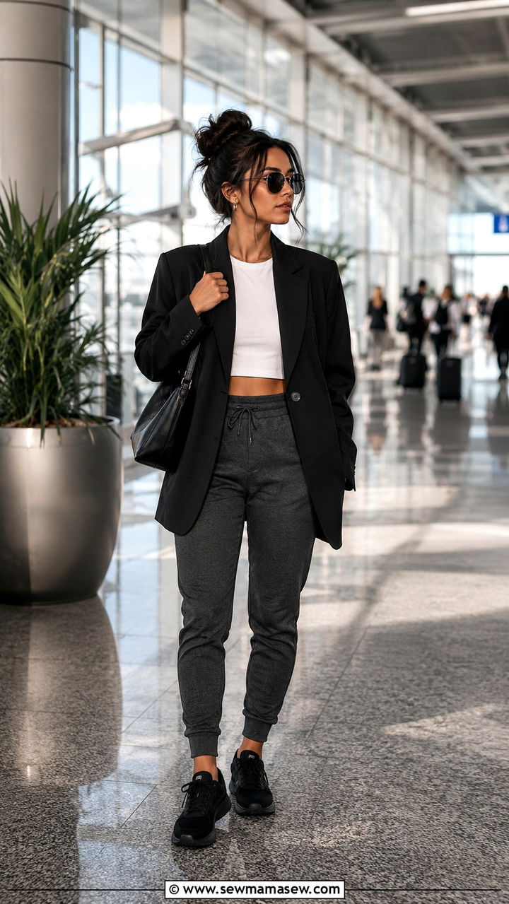 Sweatpants Crop Top And Blazer Petite Airport Outfit - 25 Petite outfit ideas for airport