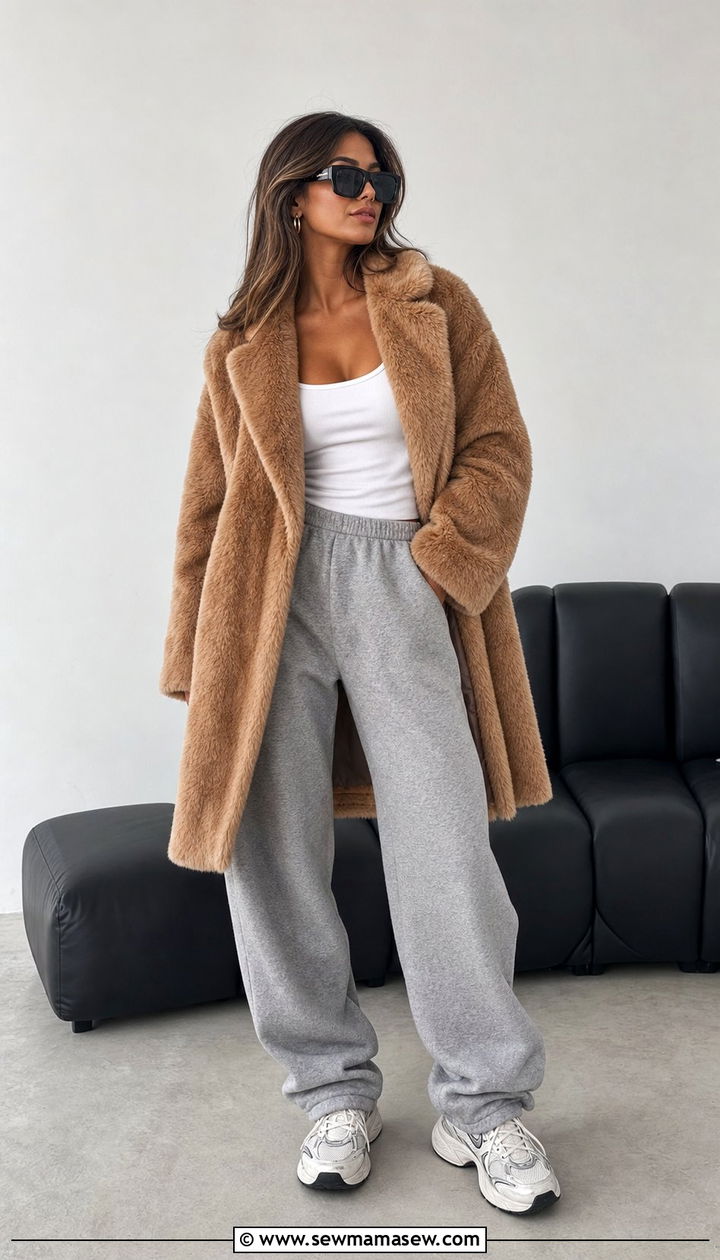 Sweatpants Fur Coat and Chunky Sneakers - 25 classy model off duty outfit ideas