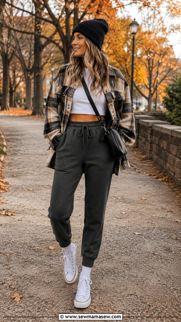 Sweatpants With Shacket And High Top Sneakers - 30 School outfit ideas with sweatpants