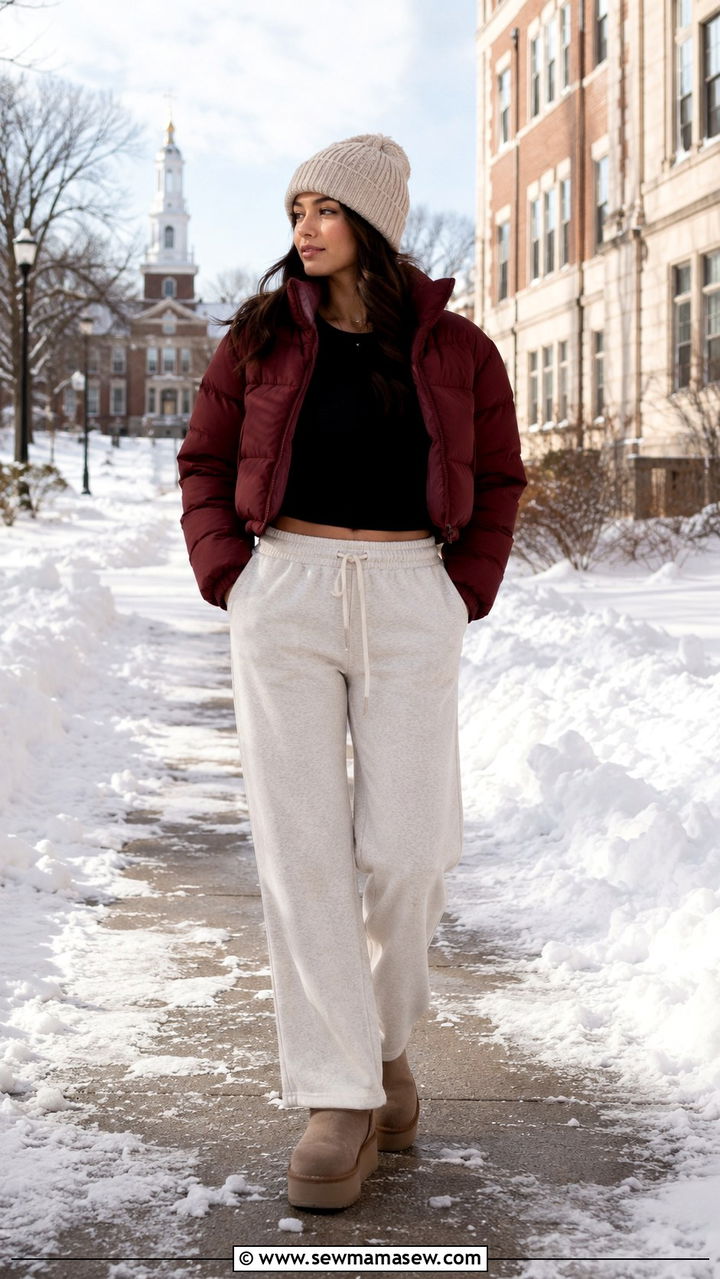 Sweatpants With UGG Minis And Cropped Puffer Coat - 30 School outfit ideas with sweatpants