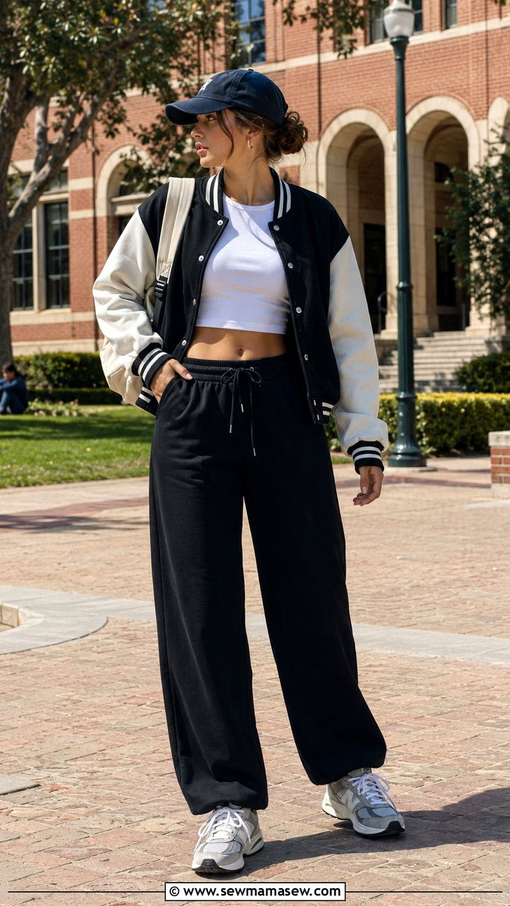 Sweatpants With Varsity Jacket And Retro Sneakers - 30 School outfit ideas with sweatpants