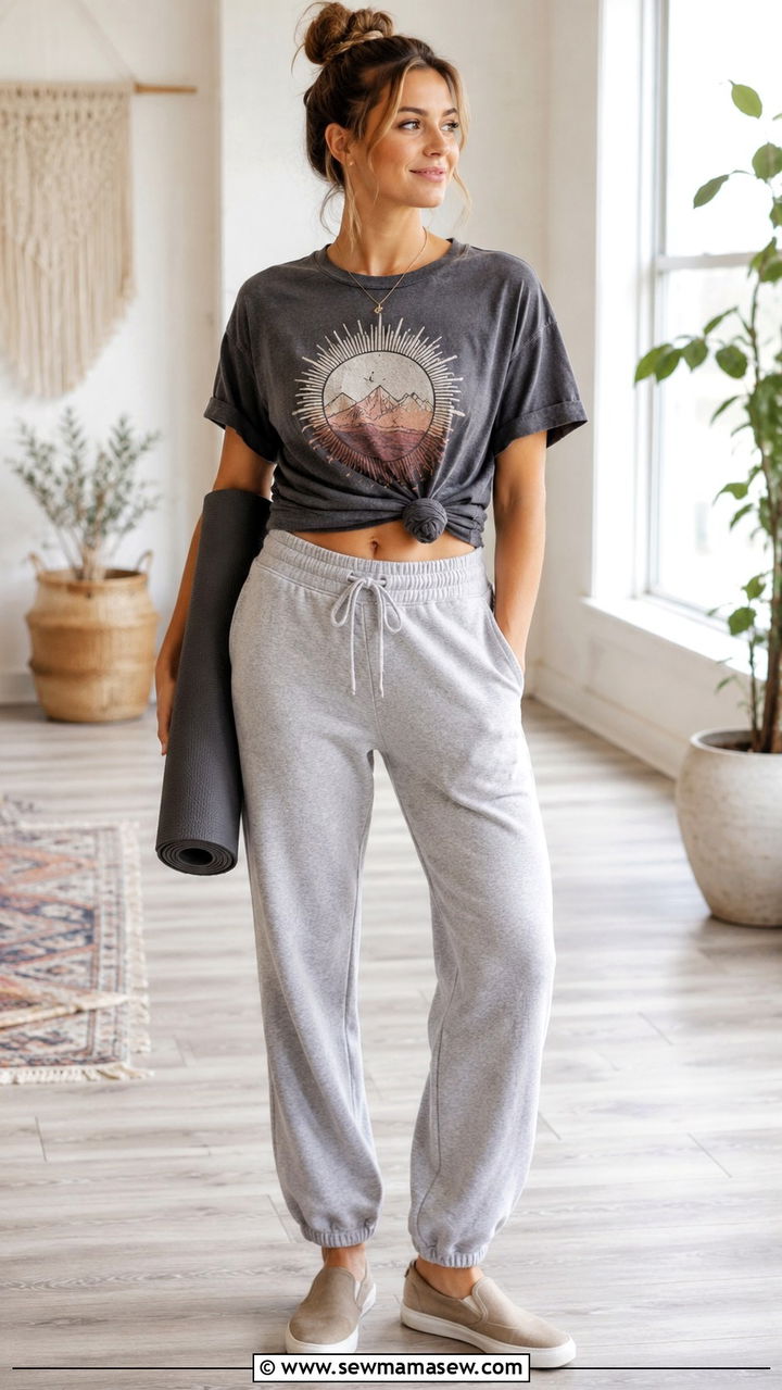 Sweatpants and Graphic Tee Yoga Teacher Look - 25 Yoga outfit ideas for teachers