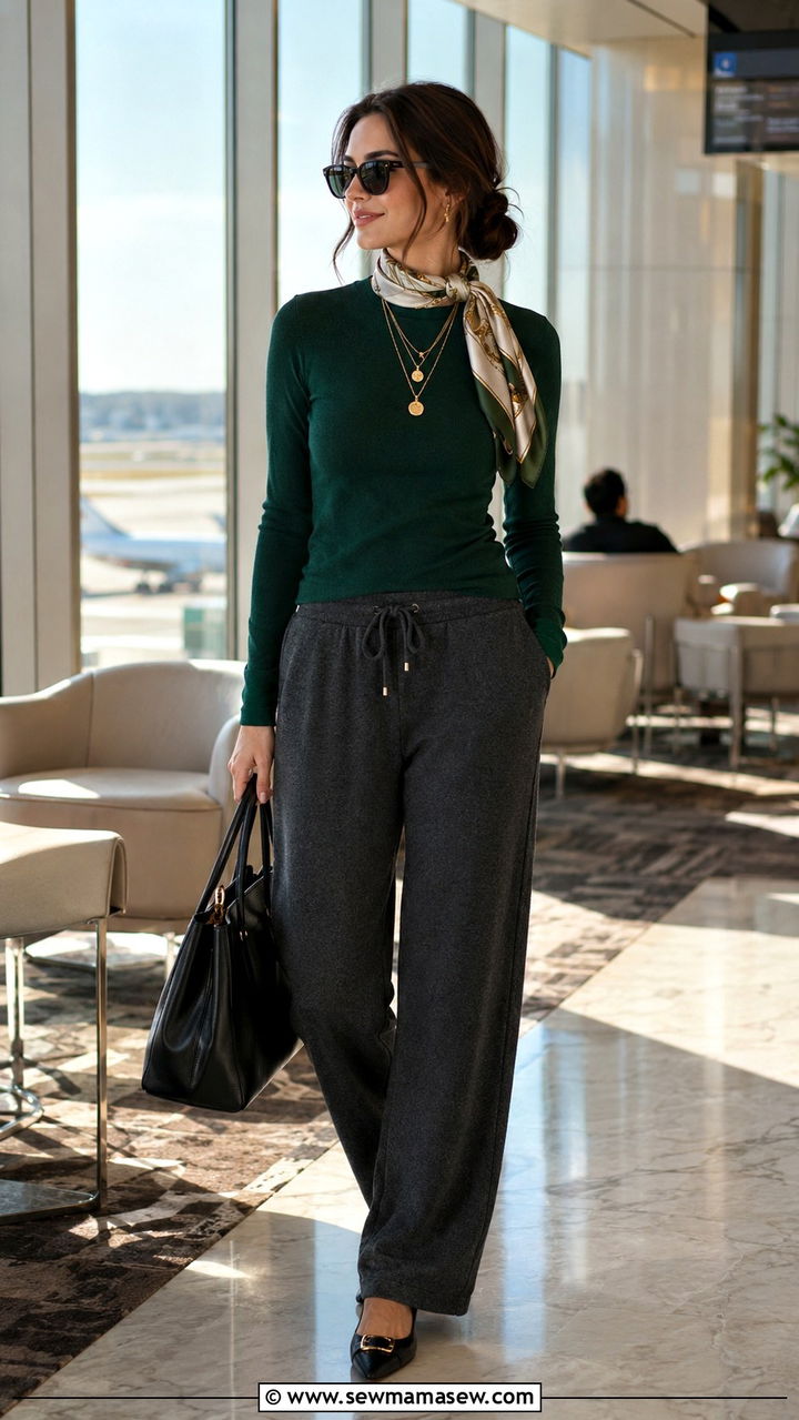 Sweatpants with layered jewelry and scarf - 25 Airport outfit ideas with sweatpants