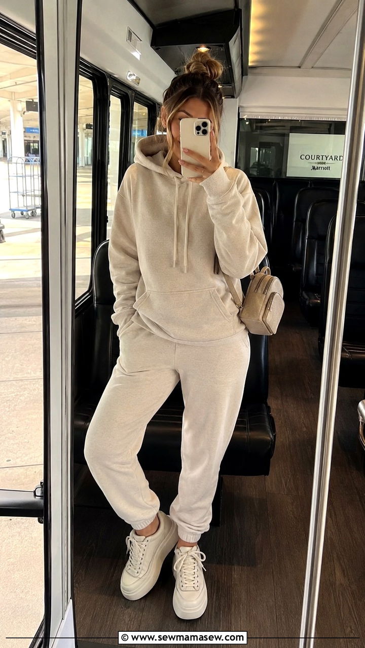 Sweatpants with retro sneakers airport outfit - 25 Airport outfit ideas with sweatpants