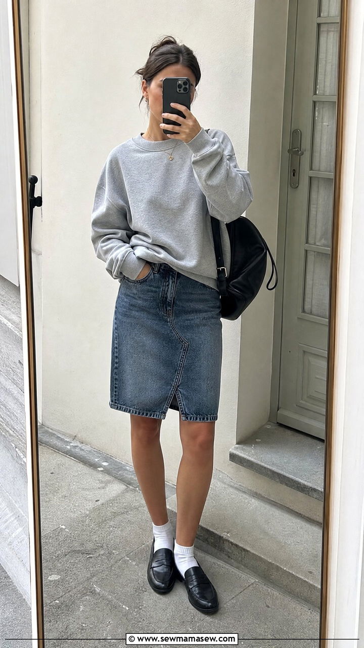 Sweatshirt And Loafers With A Denim Skirt - 35 How to style a denim skirt