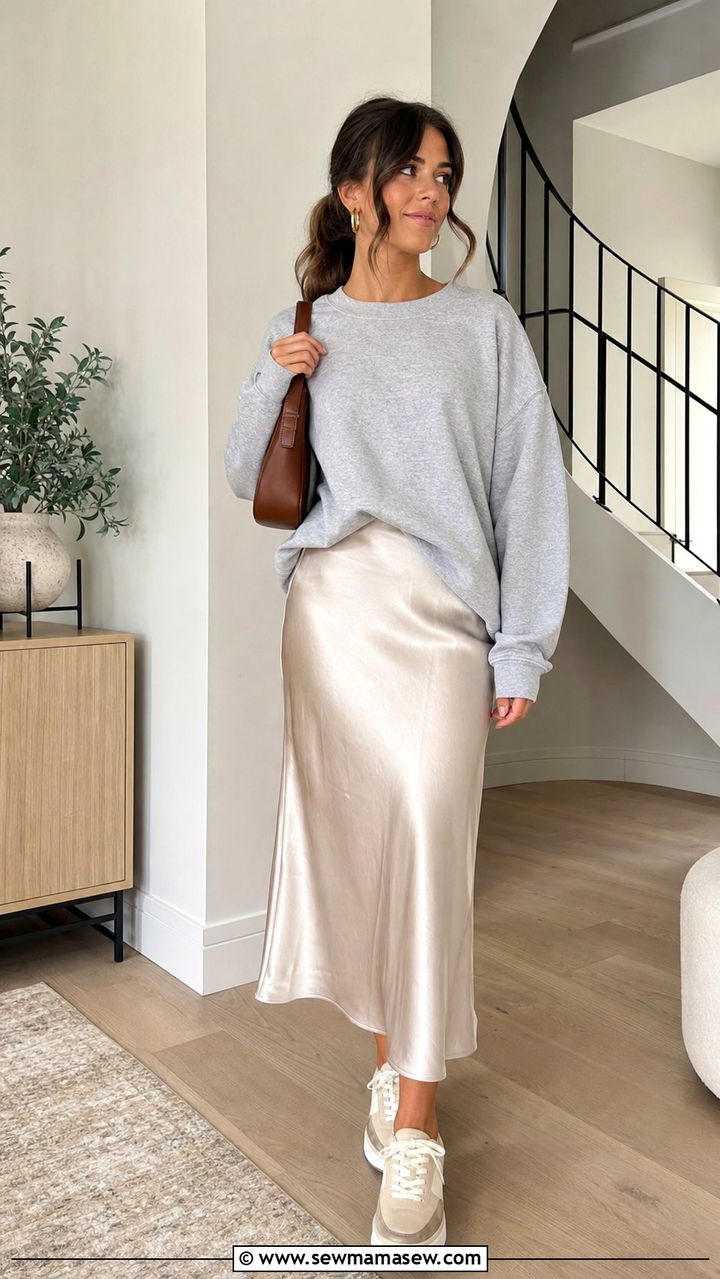 Sweatshirt And Satin Midi Skirt Book Club Outfit - 35 Book club outfit ideas
