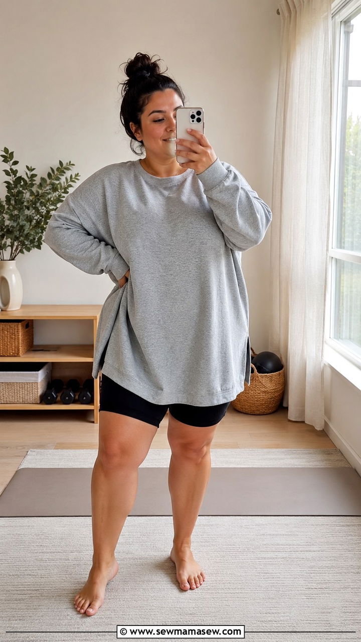 Sweatshirt Dress Over Bike Shorts - 30 Plus size pilates outfit ideas