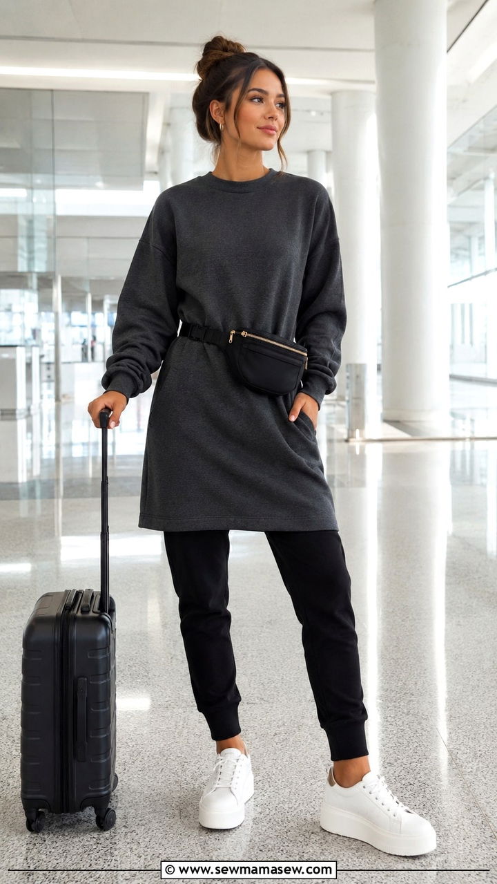 Sweatshirt Dress Over Joggers Airport Look - 25 Airport outfit ideas with joggers