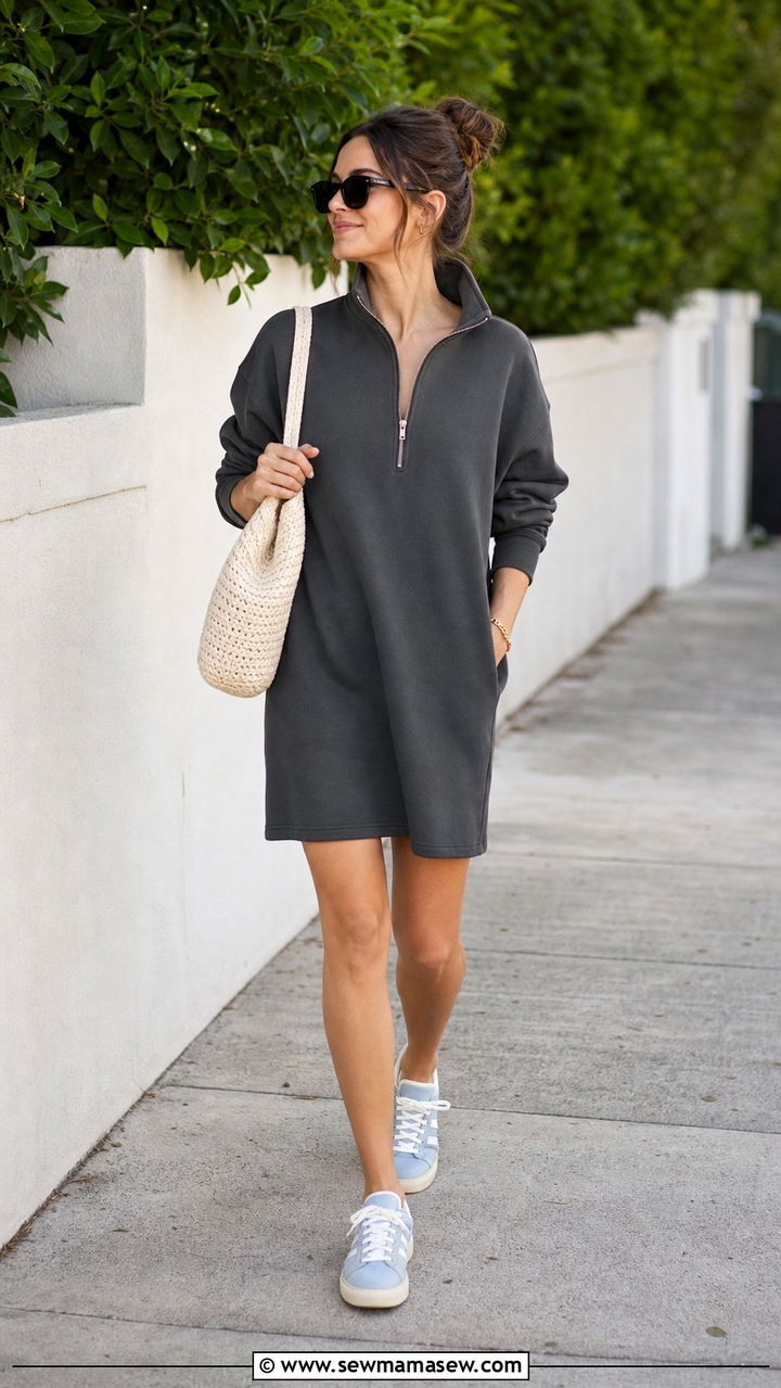 Sweatshirt Dress With Sneakers and Tote - 25 cute errands outfits