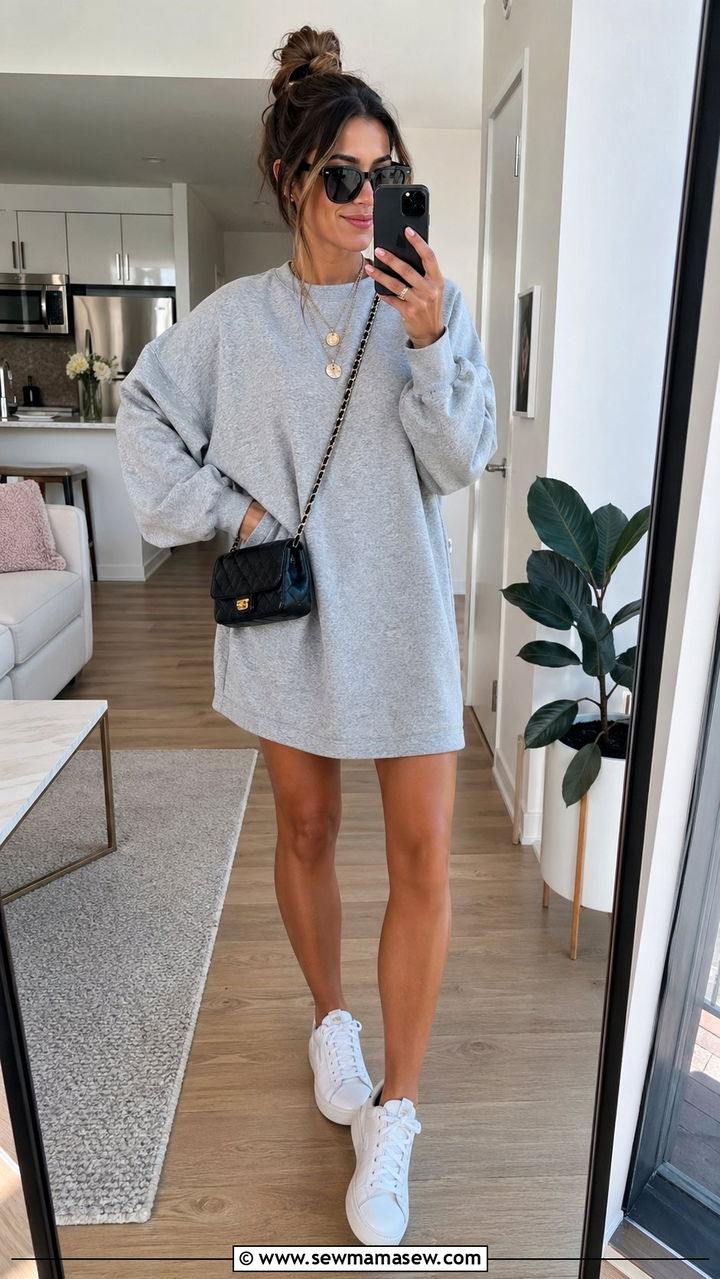Sweatshirt Dress with Crisp White Sneakers - 35 Athleisure outfit ideas