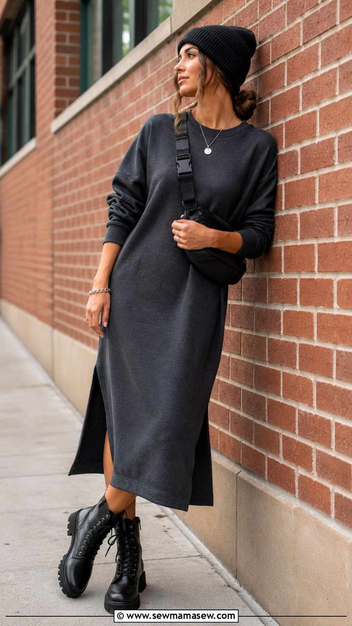 Sweatshirt Midi Dress With Combat Boots - 25 Athleisure outfit ideas school run